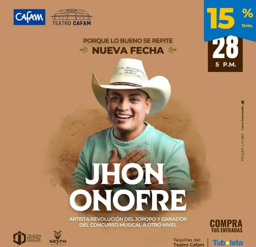 Jhon Onofre en Concierto en Cali: 28 de noviembre y boletas 2026