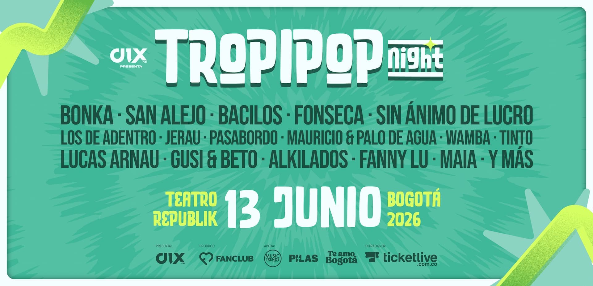 Tropipop Night 2026, 13 junio Bogotá